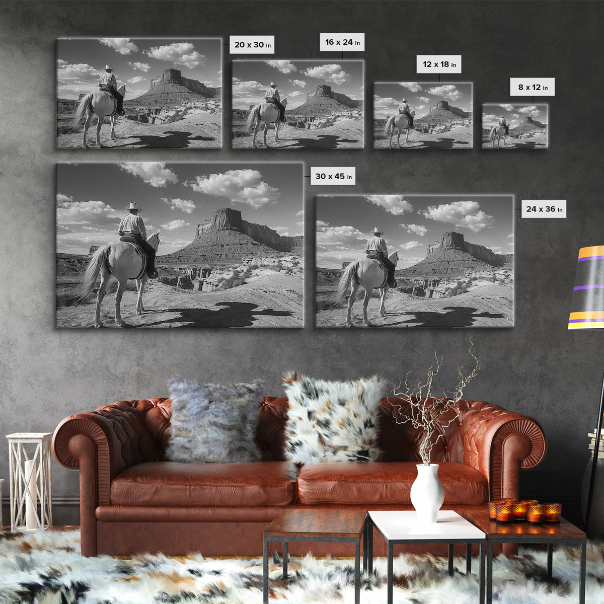 Lonesome Canyon Arizona Framed Canvas Print, Cowboy Print, Black and White Photography Wall Art, Country Farmhouse Decor, Metal Print