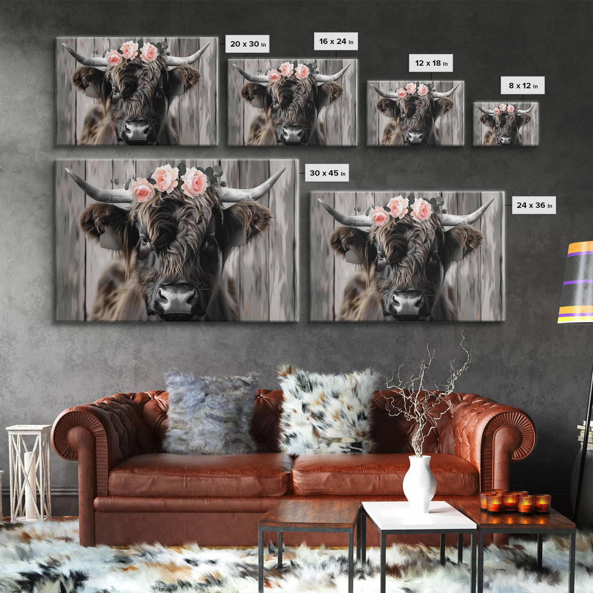 Framed Canvas Wall Art, Cute Highland Cow Print, Modern Wall Art Farmhouse Decor, Fun Rustic Farmhouse Art, Life On The Farm, Cow and Flower