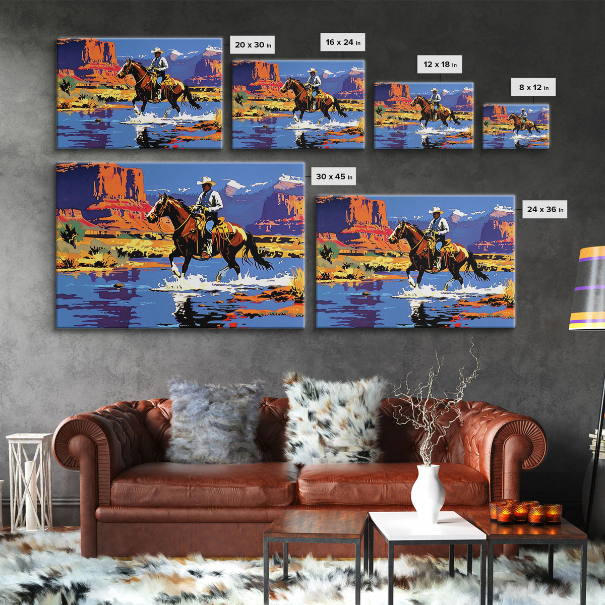 Crossing The Colorado River, Framed Canvas Print, Kitsch Western Wall Art, Colorful Western Painting Original Artwork, Pop Art Painting