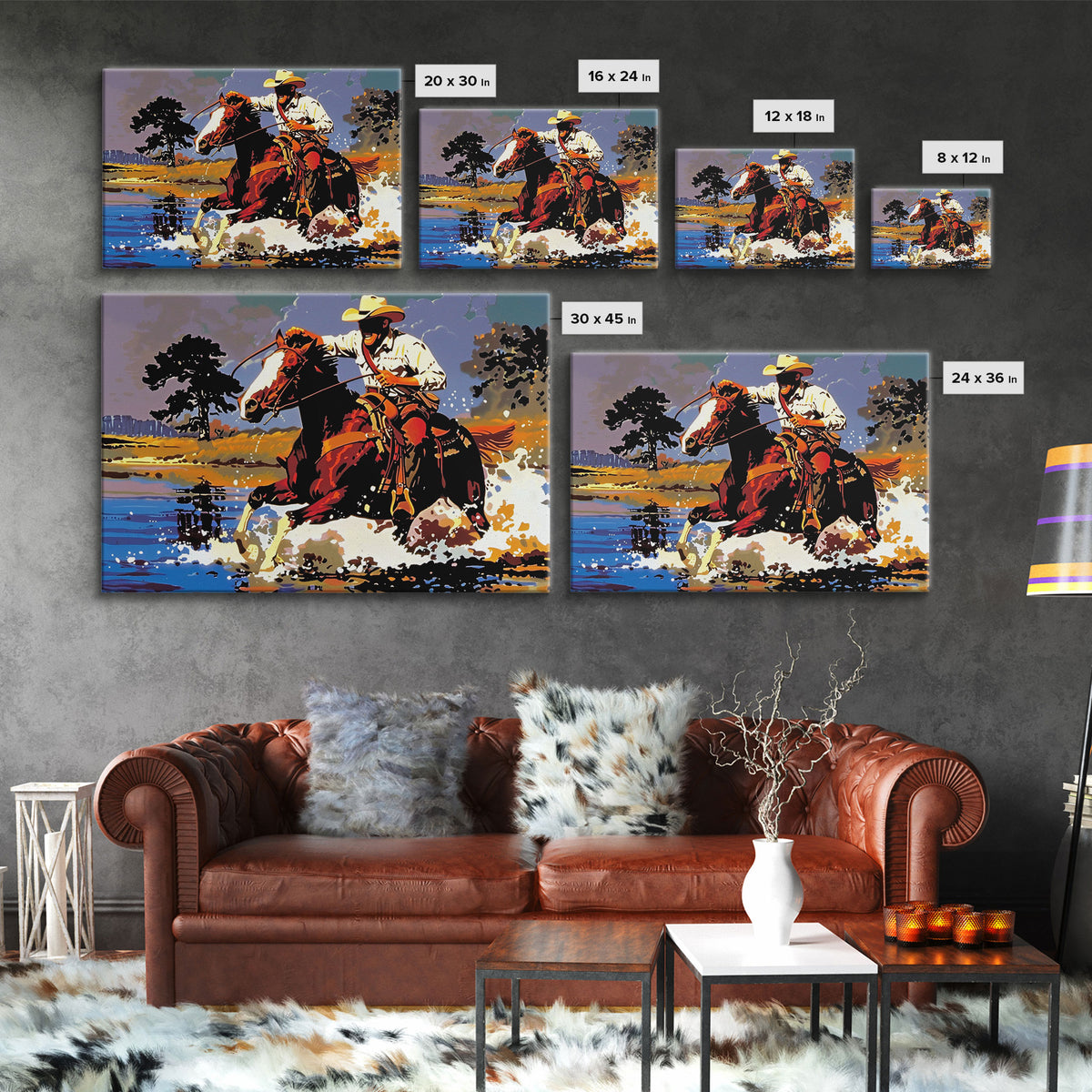 Cowboy Crossing The Colorado River, Arizona Print, Original Painting Framed Canvas Print, Western Home Decor, Wild West Art