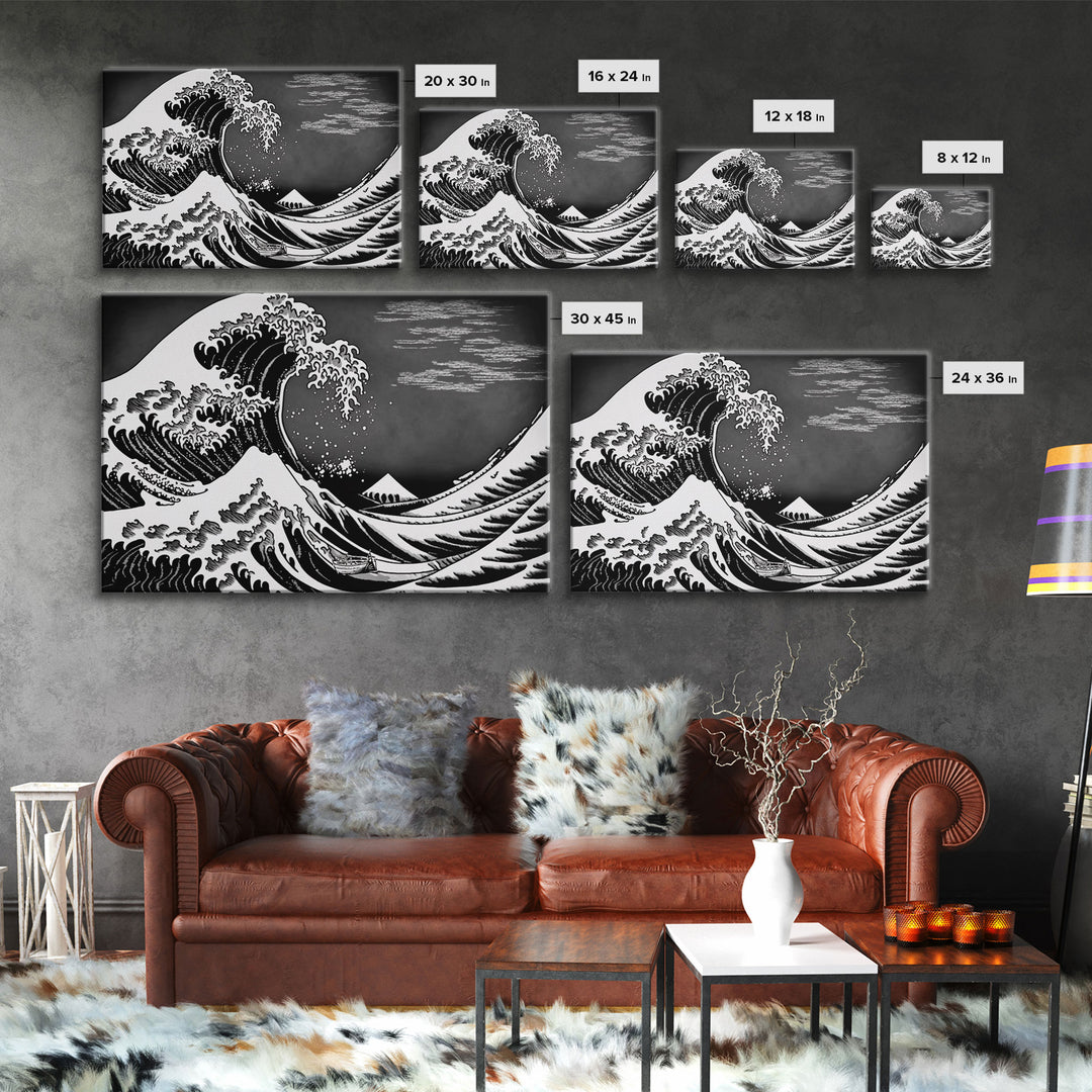 Black and White Wave Canvas Print, Hokusai Inspired Wall Art, Woodblock Print Style, Wall Art, Vintage Style Wall Art