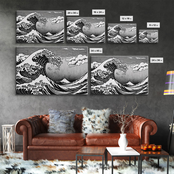 Black and White Wave Canvas Print, Hokusai Inspired Wall Art, Japanese Style Wall Art, Living Room Home Decor, Unique Wall Art