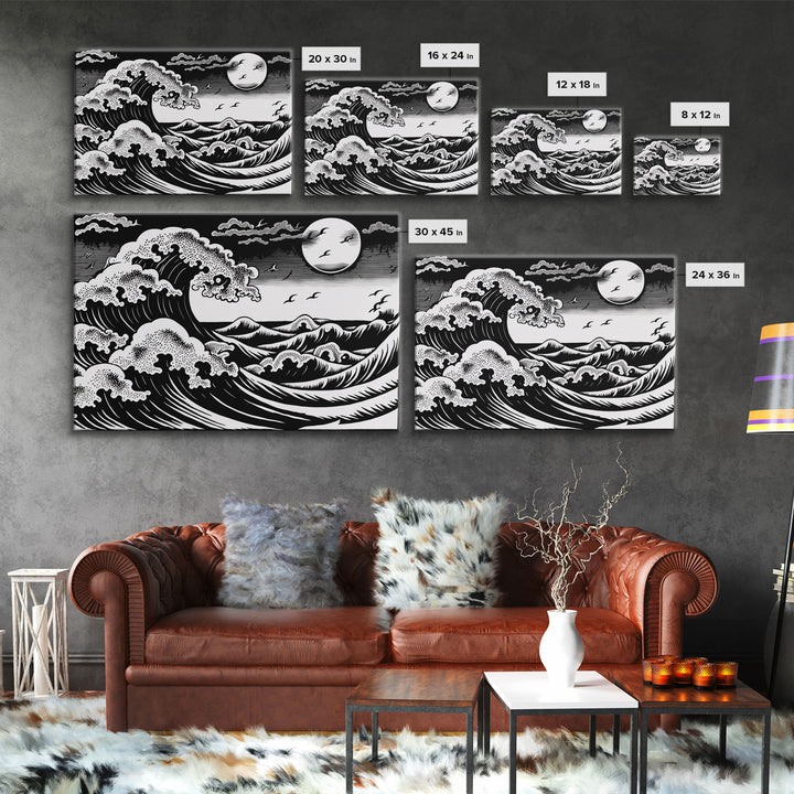 Black and White Wave Canvas Print, Hokusai Inspired Wall Art, Woodblock Print Style, Wall Art, Vintage Style Wall Art