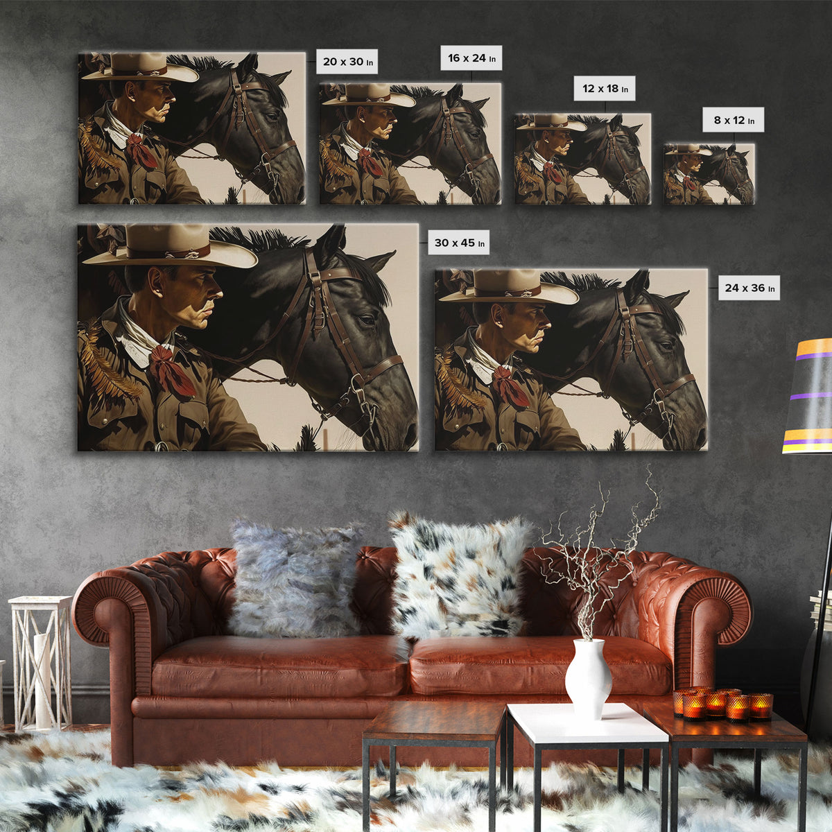 Vintage Cowboys Painting Print Horse Wall Art Canvas Hunting Southwest Sketch Drawing Poster Framed Antique Country Rustic Farmhouse Decor