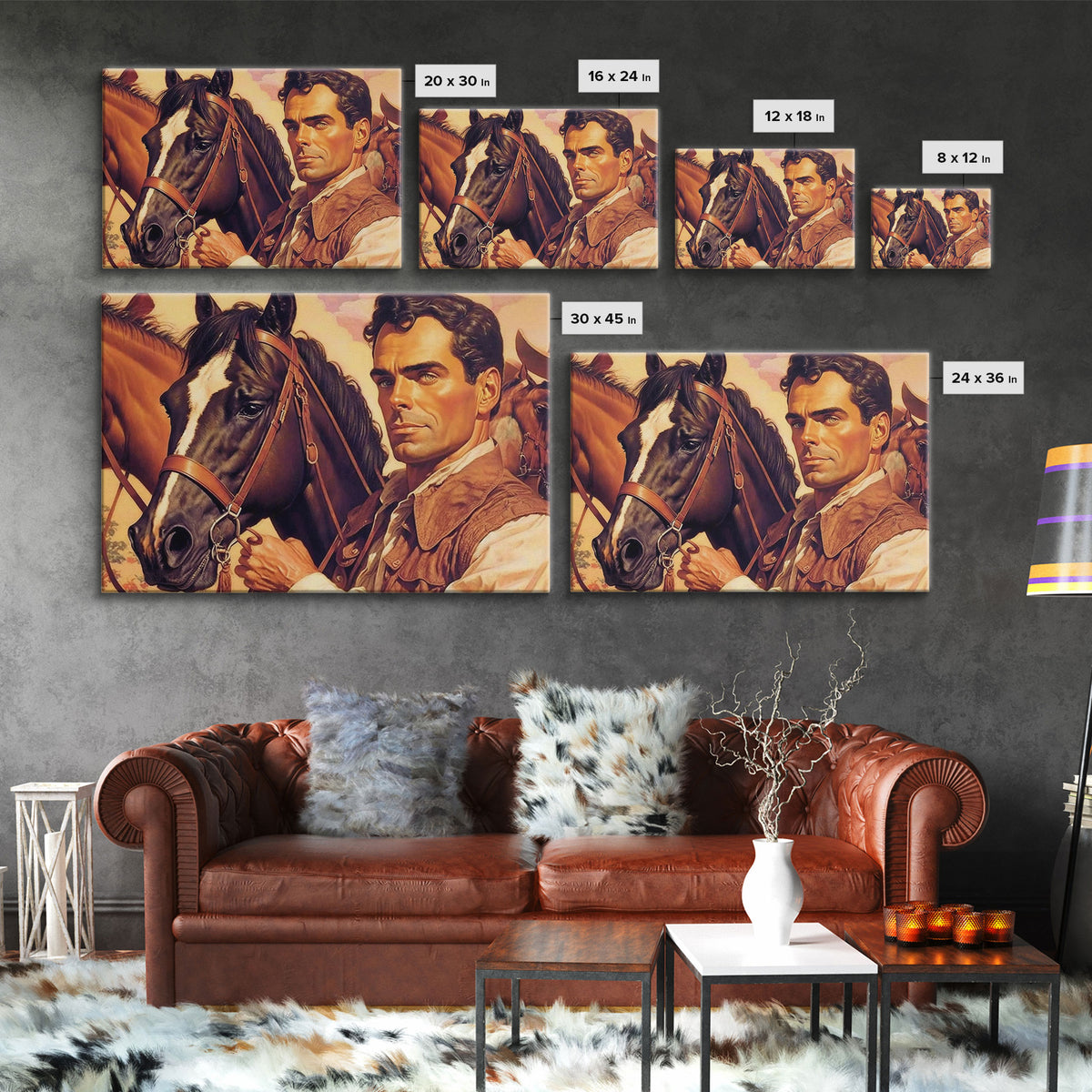 Vintage Cowboys Painting Print Horse Wall Art Canvas Hunting Southwest Sketch Drawing Poster Framed Antique Country Rustic Farmhouse Decor