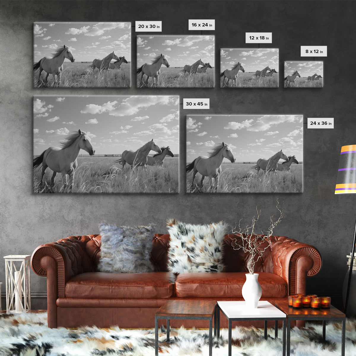 Fine Art Framed Canvas Print, Metal Art, Black & White Photo of Wild Mustangs, Horse Art, American Horses Landscape / Nature / Wildlife Art