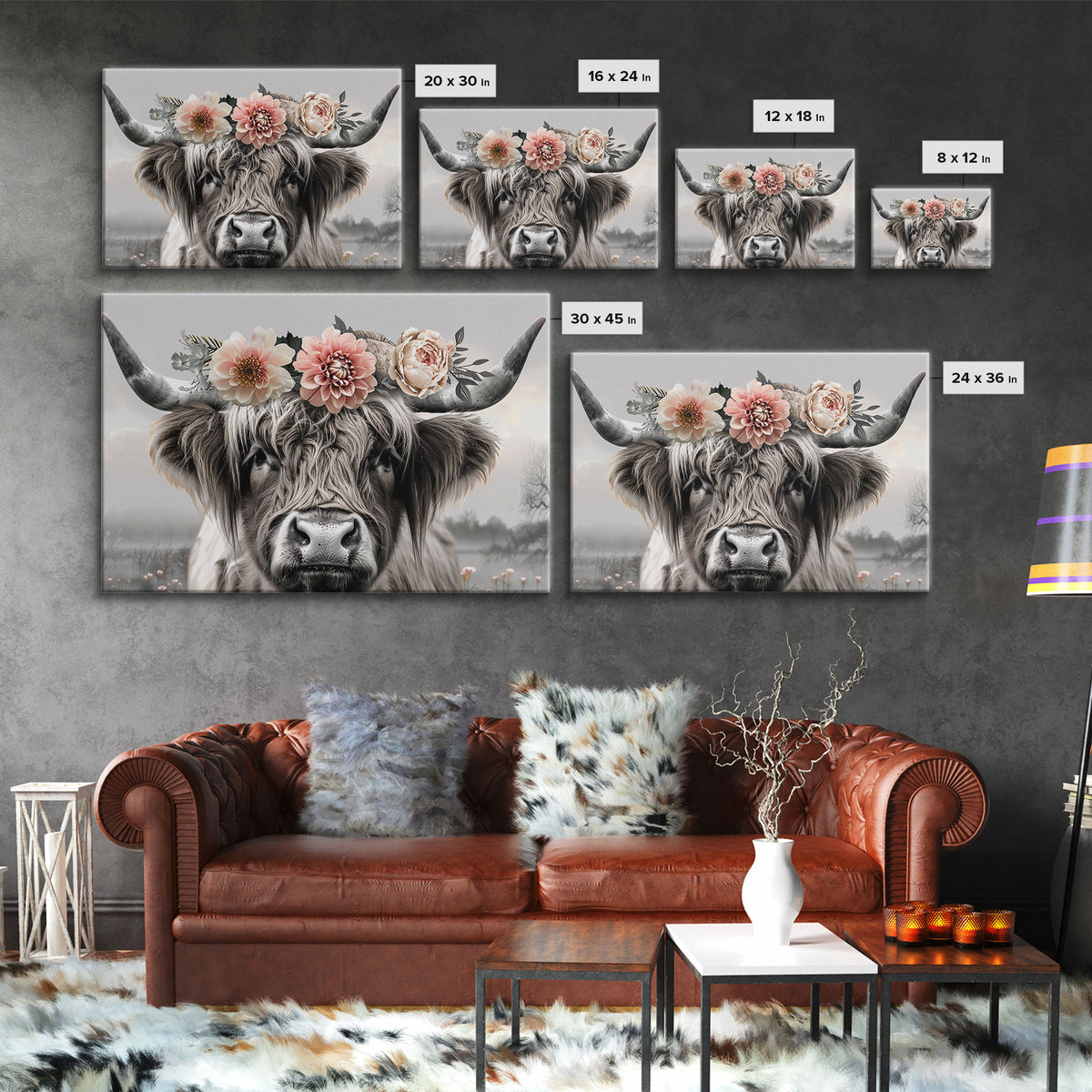 Cute Framed Canvas Wall Art, Cute Cow Wearing Flowers, Farmhouse Decor, Farmhouse Wall At, Extra Large Boho Decor, Minimalist Modern Art