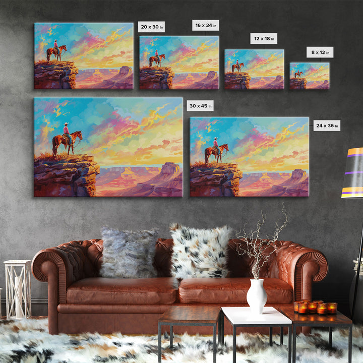 Framed Wall Art Giclée Fine Art Print, Watercolor Painting of A Cowboy On A Mountain Ridge, Rustic Western Decor, Country Decor, Metal Print