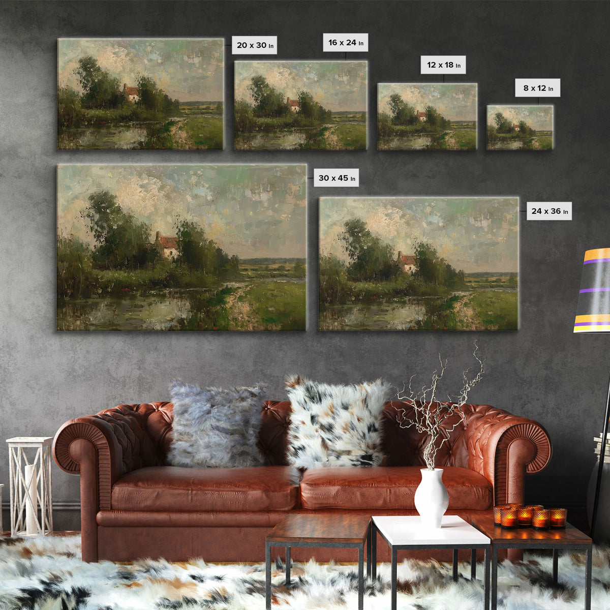 Slightly Scorched Vintage Landscape Painting Canvas Print - Farmhouse Painting - Wall Art - Large Print