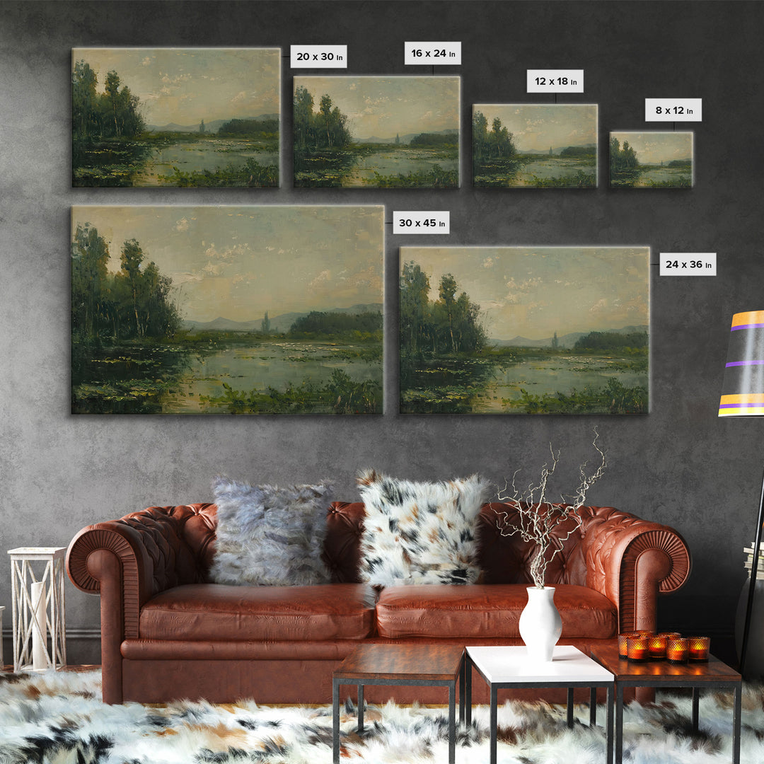 Dutch Landscape With Lake Framed Canvas Print Oil Painting, Wood Frame Wall Art, Cottage Core, Farmhouse Decor, Living Room Art