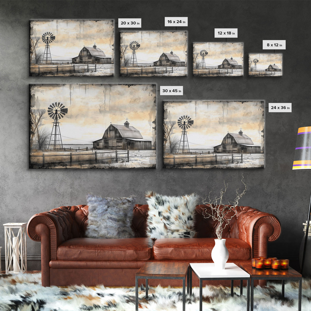 Farmhouse House Decor Large Canvas Print, Old Barn Painting, Black and White Photography Print, Pastoral Hills, Vintage Decor