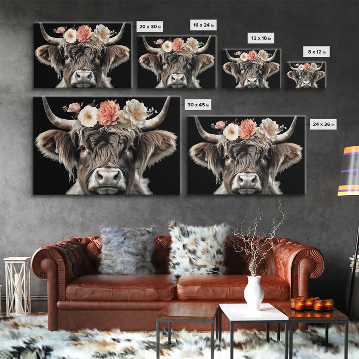 Framed Highland Cow With Flowers Painting canvas print Farmhouse art Cattle Wooden background Country wall art Cow print Rustic Wall Art