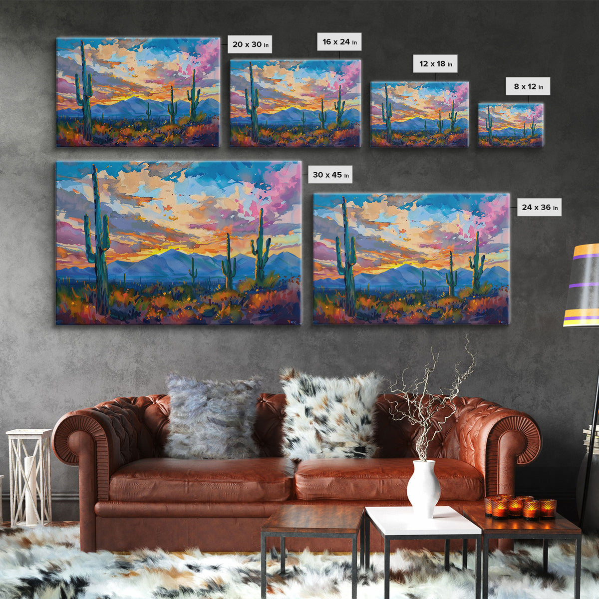 Cactus Under A Beautiful Sunset, Pop Art Style, Mid Century Modern Framed Canvas Print or Metal Art, Desert Scene Wall Art, Abstract Desert