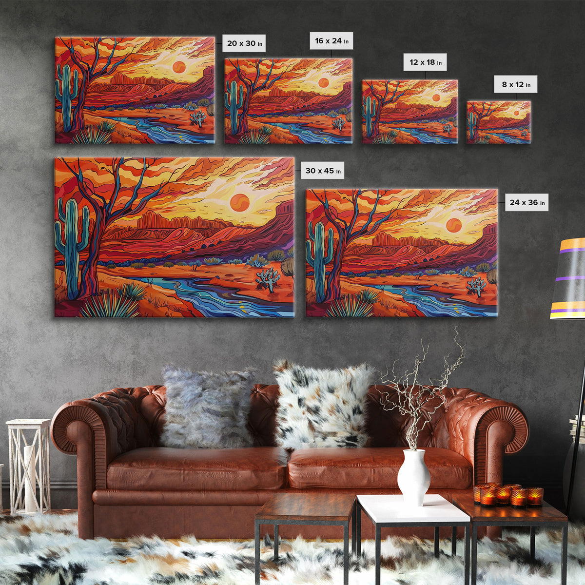 Midcentury Modern Pop Art Desert Landscape Painting Canvas Print, Framed Wall Art, Southwestern Decor, Home Decor Wall Art, Country Decor