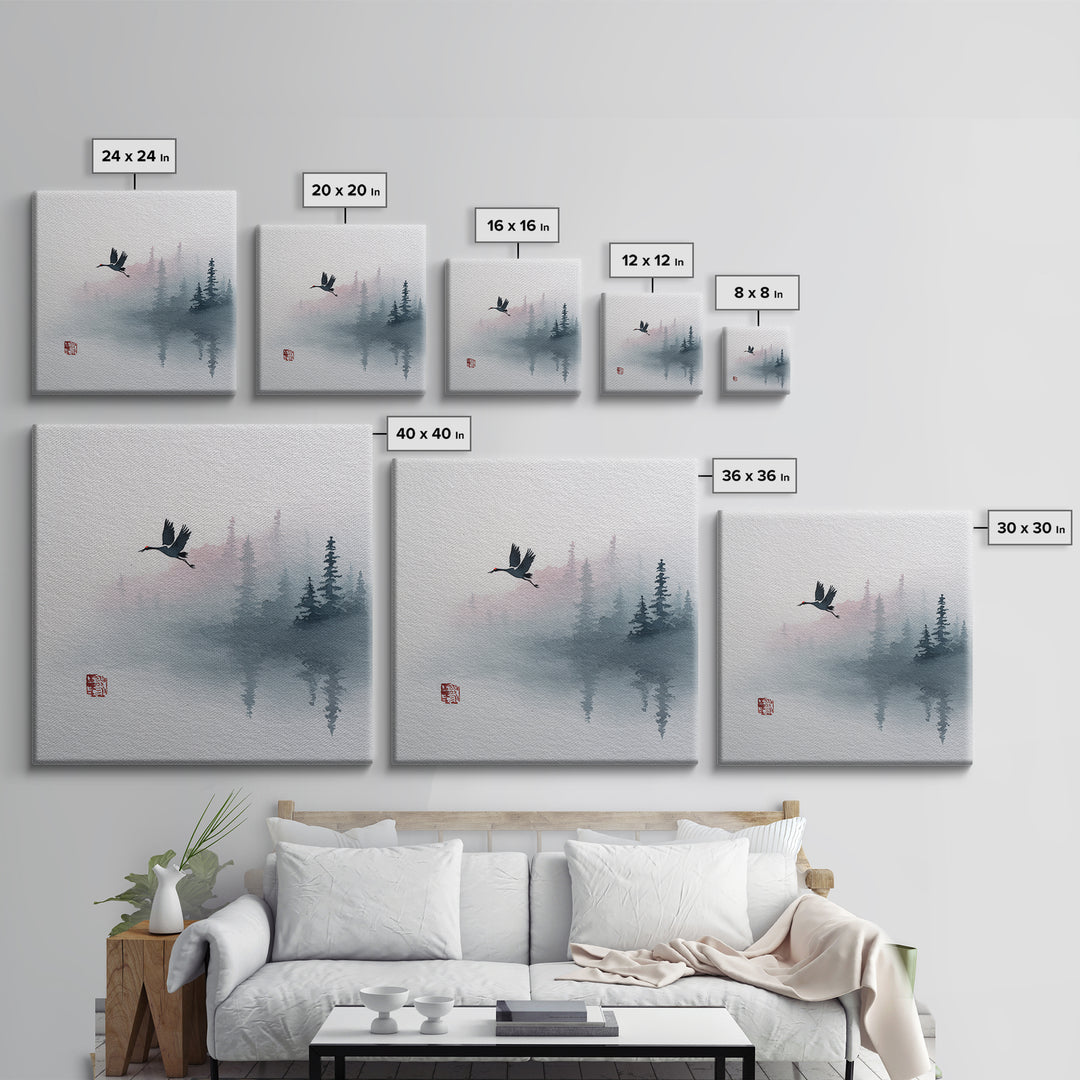 Monochrome Ink Crane Composition Framed Canvas Print, Wall Art, Abstract Art, Living Room Decor, Watercolor Art, WAL-1x1-24