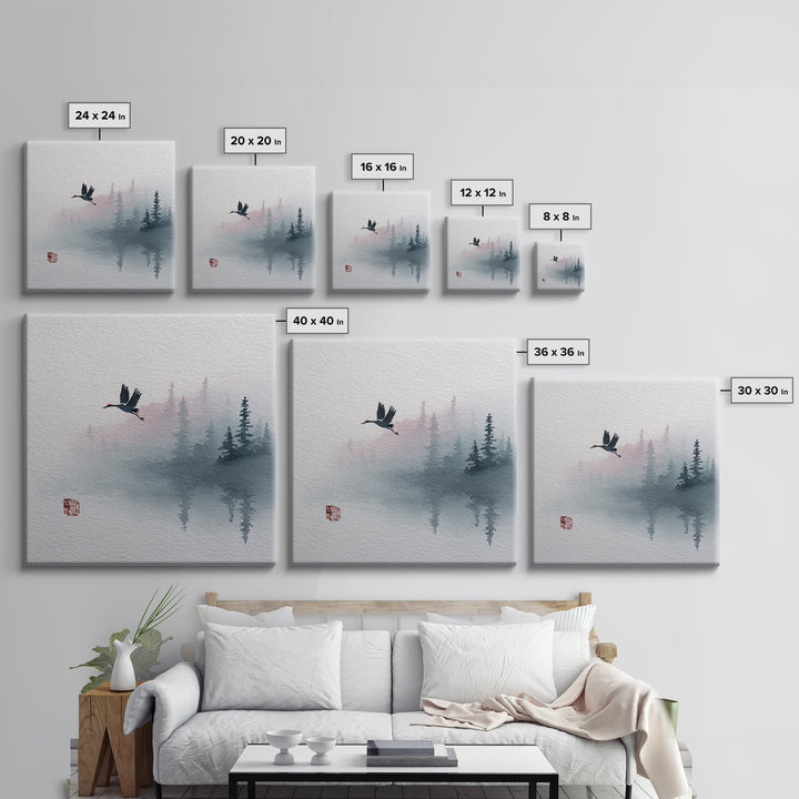 Monochrome Ink Crane Composition Framed Canvas Print, Wall Art, Abstract Art, Living Room Decor, Watercolor Art, WAL-1x1-24