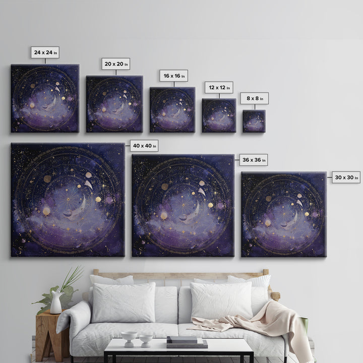 Celestial Moon and Stars Artwork Framed Canvas Print, Wall Art, Gallery Decor, Living Room Decor, Fine Art, Home Decor, WAL-1x1-38