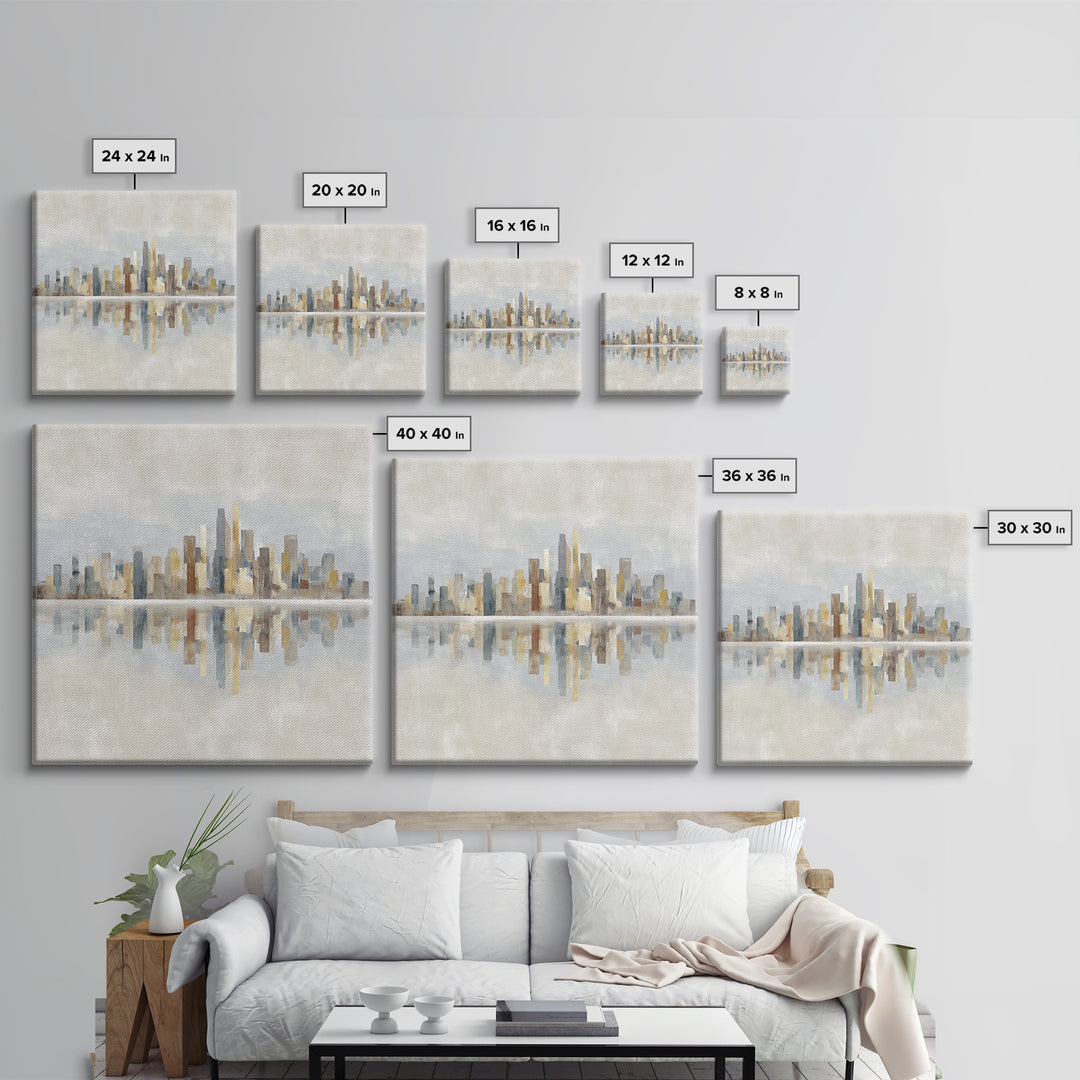 Urban Skyline in Muted Evening Color Framed Canvas Print, Wall Art, Wood Wall Art, Living Room Decor, Fine Art, WAL-1x1-42