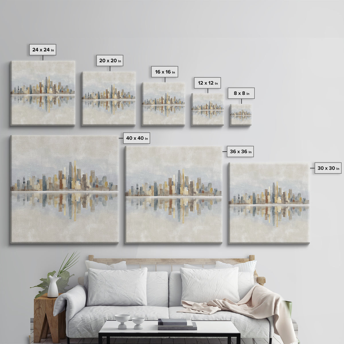Urban Skyline in Muted Evening Color Framed Canvas Print, Wall Art, Wood Wall Art, Living Room Decor, Fine Art, WAL-1x1-42