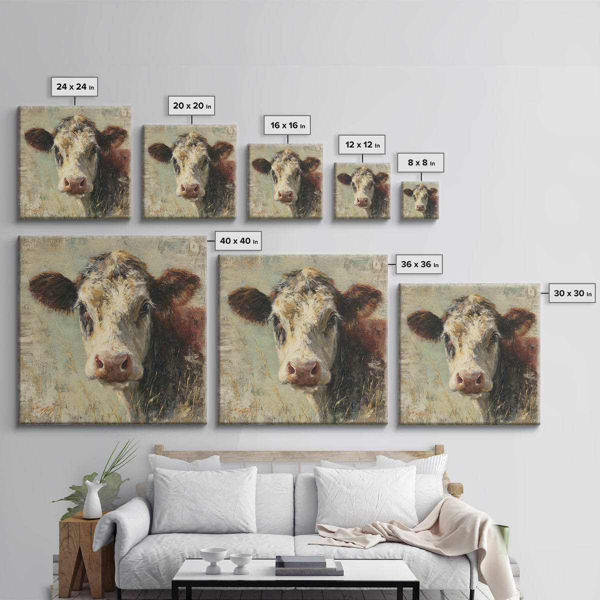 Rustic Farmhouse Cow Portrait Framed Canvas Print, Wall Art, Framed Wall Art, Living Room Decor, Fine Art, Fine Art Print, WAL-1x1-43