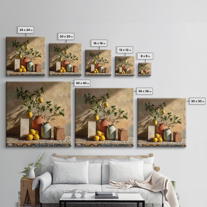 Mediterranean Lemon Branch Still Life Framed Canvas Print, Wall Art, Prints Wall Art, Living Room Decor, Oil Painting, WAL-1x1-46