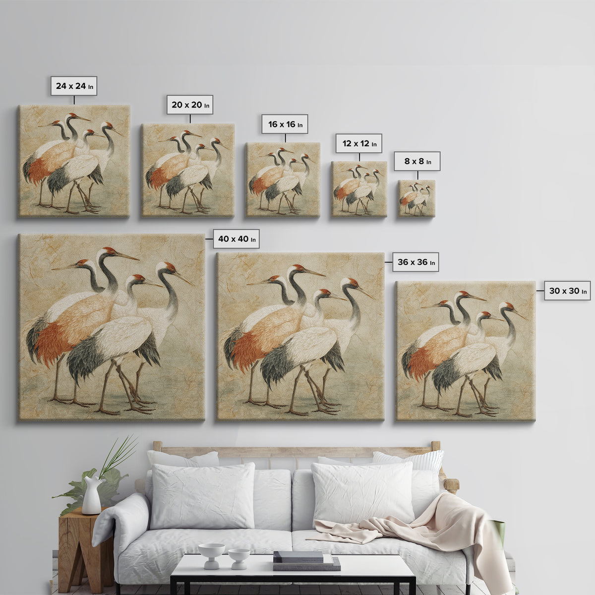 Monochrome Ink Crane Composition Framed Canvas Print, Wall Art, Art, Living Room Decor, Fine Art, Wall Clock, WAL-1x1-48