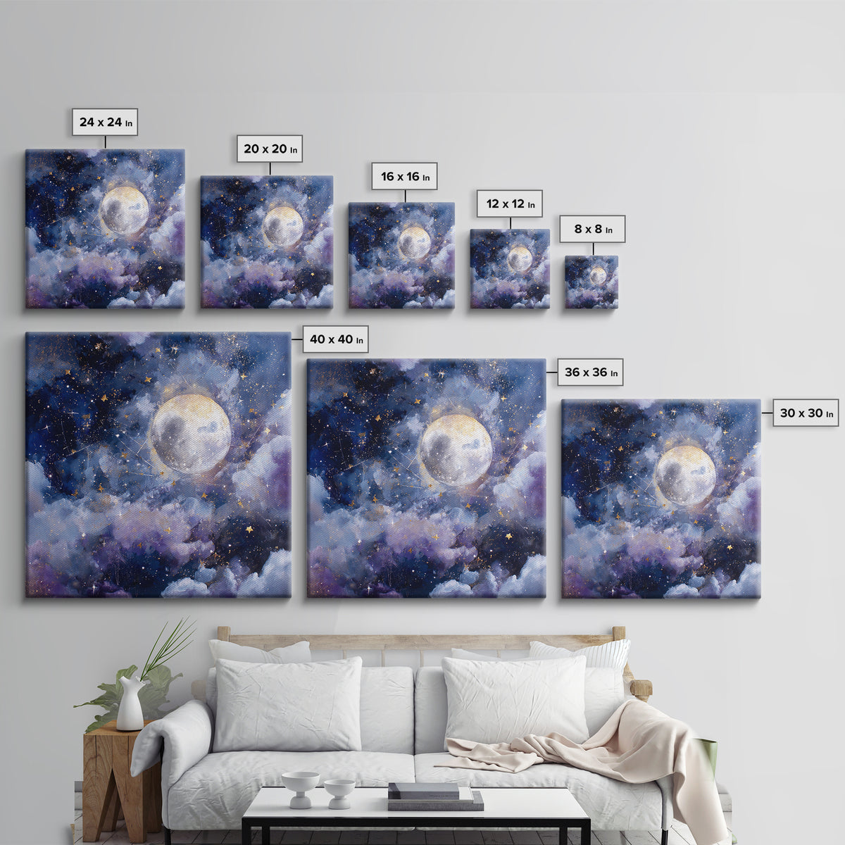 Celestial Moon and Stars Artwork Framed Canvas Print, Wall Art, Gallery Decor, Living Room Decor, Fine Art, Home Decor, WAL-1x1-62