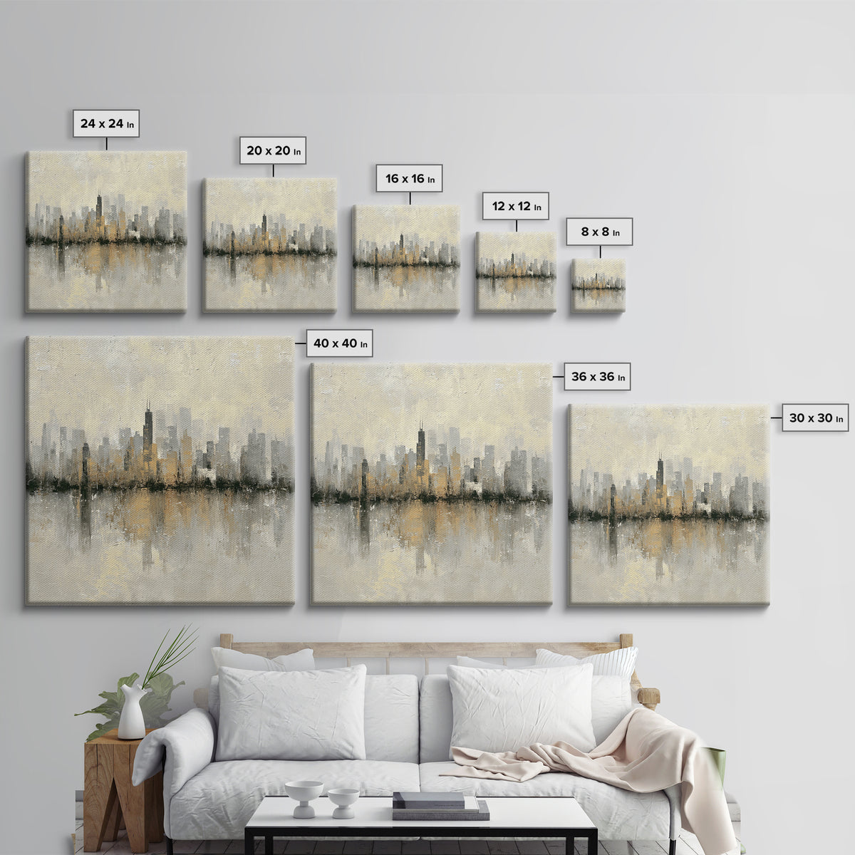 Urban Skyline in Muted Evening Color Framed Canvas Print, Wall Art, Wood Wall Art, Living Room Decor, Fine Art, WAL-1x1-66