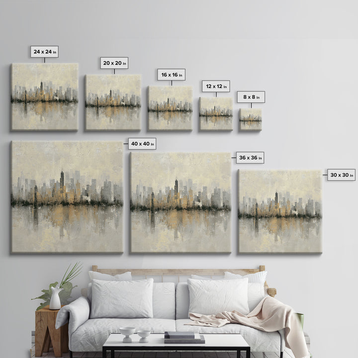 Urban Skyline in Muted Evening Color Framed Canvas Print, Wall Art, Wood Wall Art, Living Room Decor, Fine Art, WAL-1x1-66