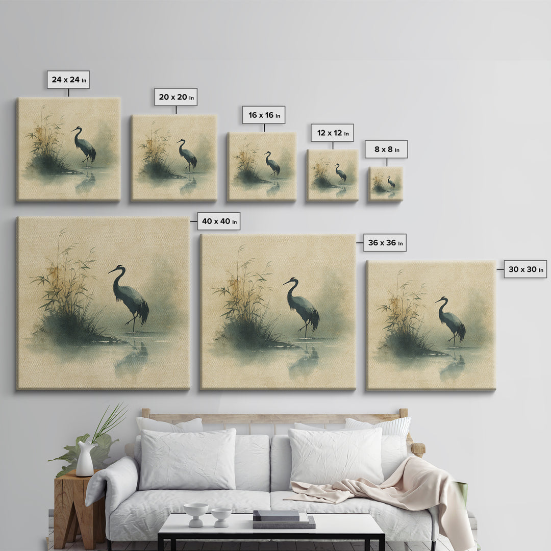 Monochrome Ink Crane Composition Framed Canvas Print, Wall Art, Wood Wall Art, Living Room Decor, Abstract Art, WAL-1x1-72