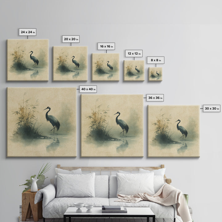 Monochrome Ink Crane Composition Framed Canvas Print, Wall Art, Wood Wall Art, Living Room Decor, Abstract Art, WAL-1x1-72