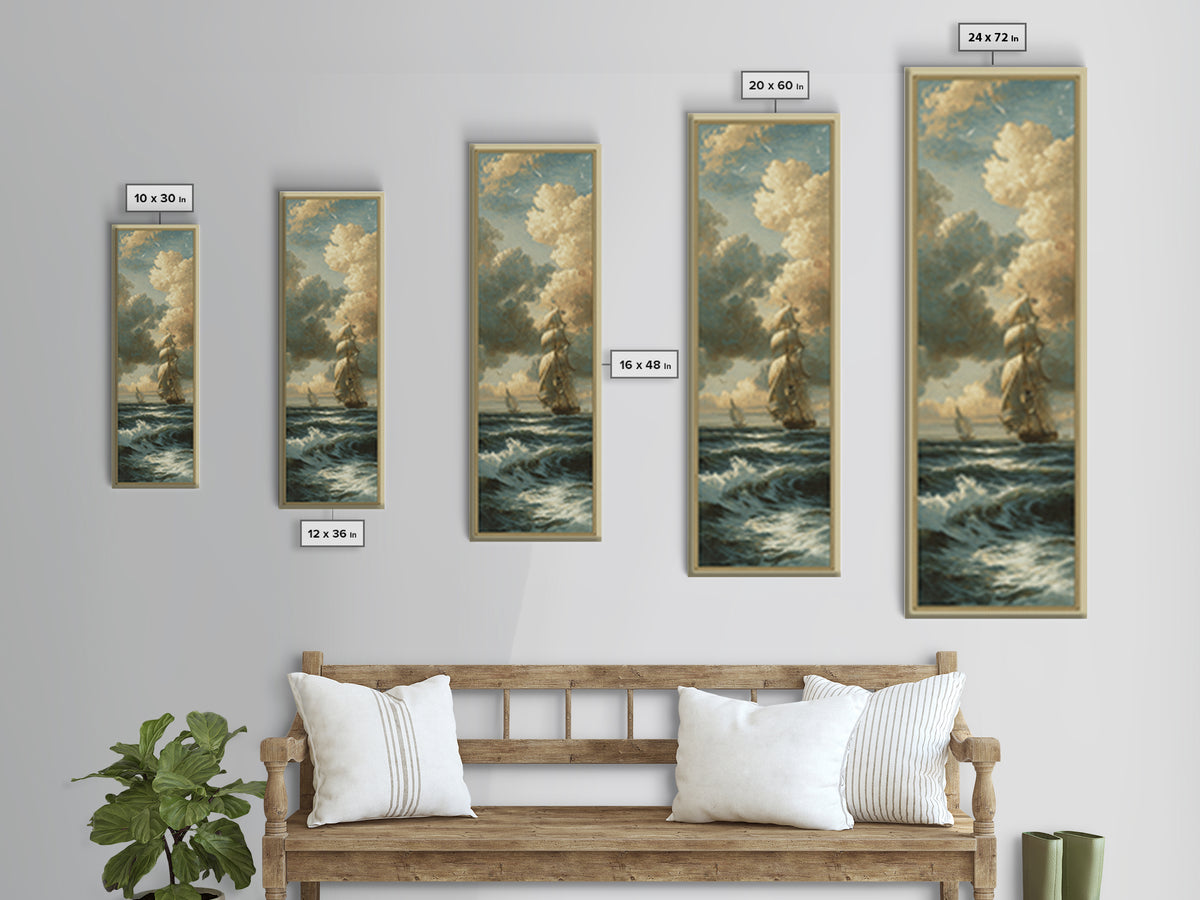 Classic Seascape with Dramatic Clouds Framed Canvas Print, Wall Art, Mid Century Modern, Living Room Decor, Abstract Art, WAL-1x3-15