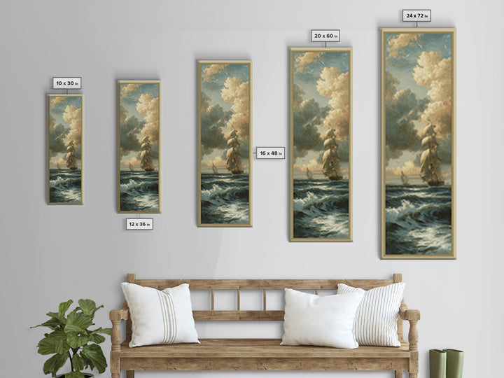 Classic Seascape with Dramatic Clouds Framed Canvas Print, Wall Art, Mid Century Modern, Living Room Decor, Abstract Art, WAL-1x3-15