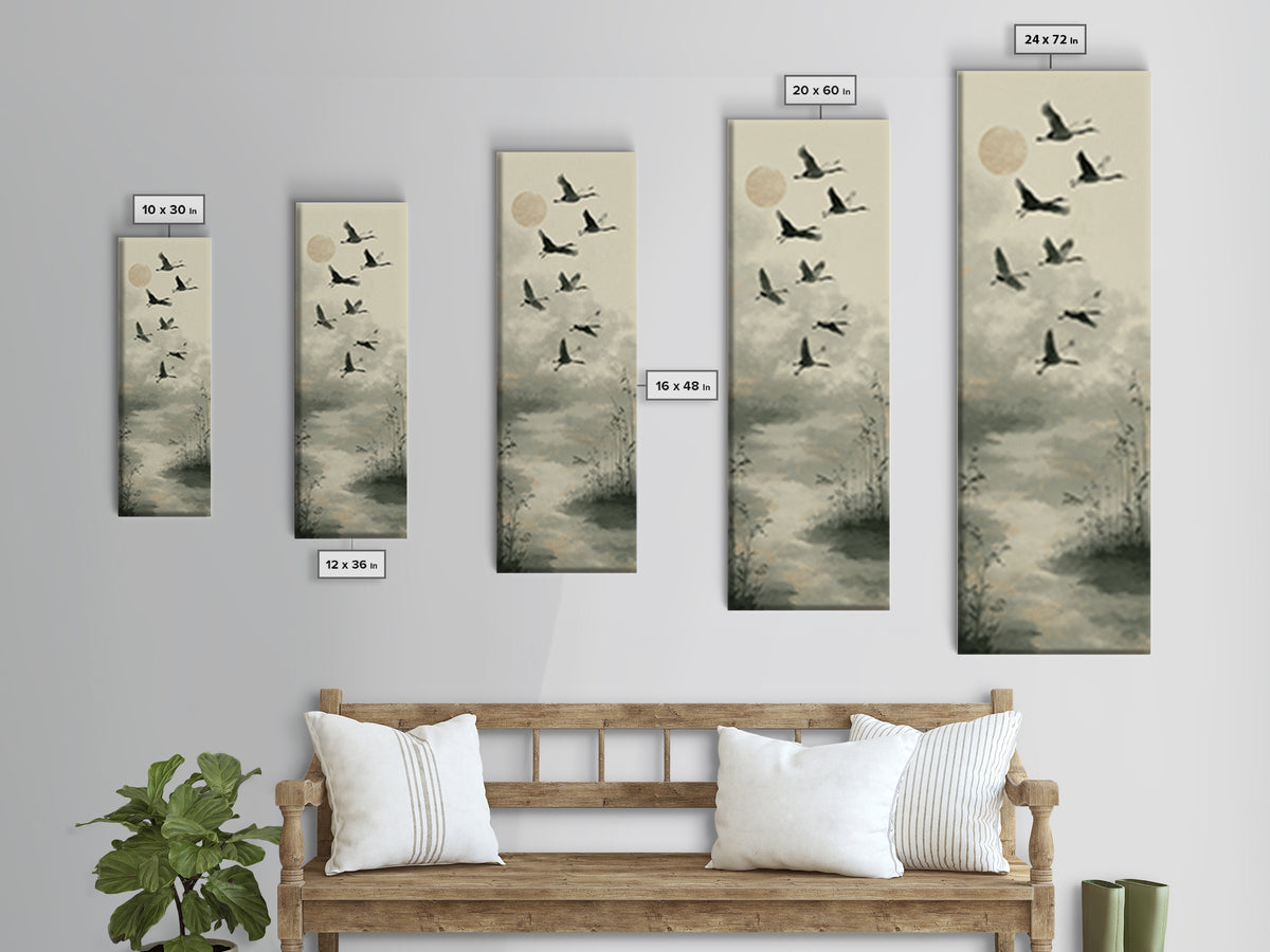 Monochrome Ink Crane Composition Canvas Print, Wall Art, Mid Century Modern, Living Room Decor, Abstract Art, WAL-1x3-60