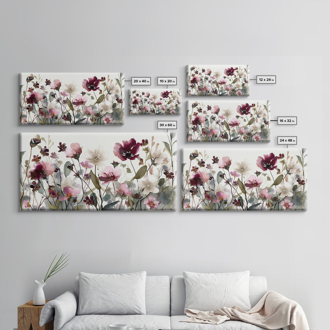 Impressionist Meadow of Wildflowers Framed Canvas Print, Wall Art, Painting, Living Room Decor, Watercolor Art, WAL-2x1-13