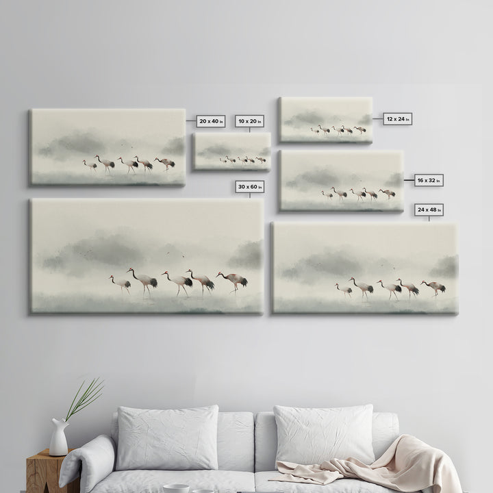 Monochrome Ink Crane Composition Framed Canvas Print, Wall Art, Statement Artwork, Living Room Decor, Fine Art, WAL-2x1-20