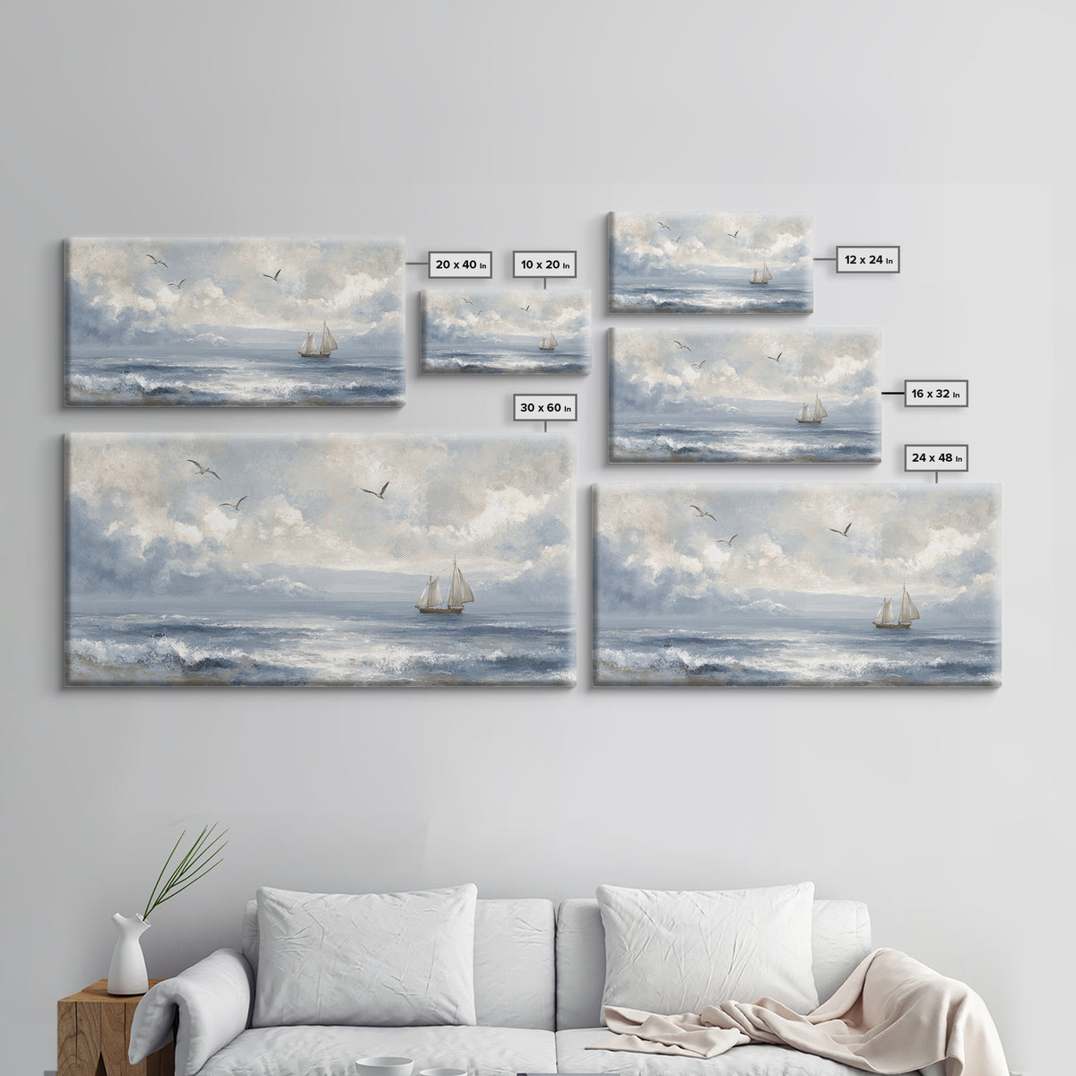 Classic Seascape with Dramatic Clouds Framed Canvas Print, Wall Art, Wall Hangings, Living Room Decor, Watercolor Art, WAL-2x1-23