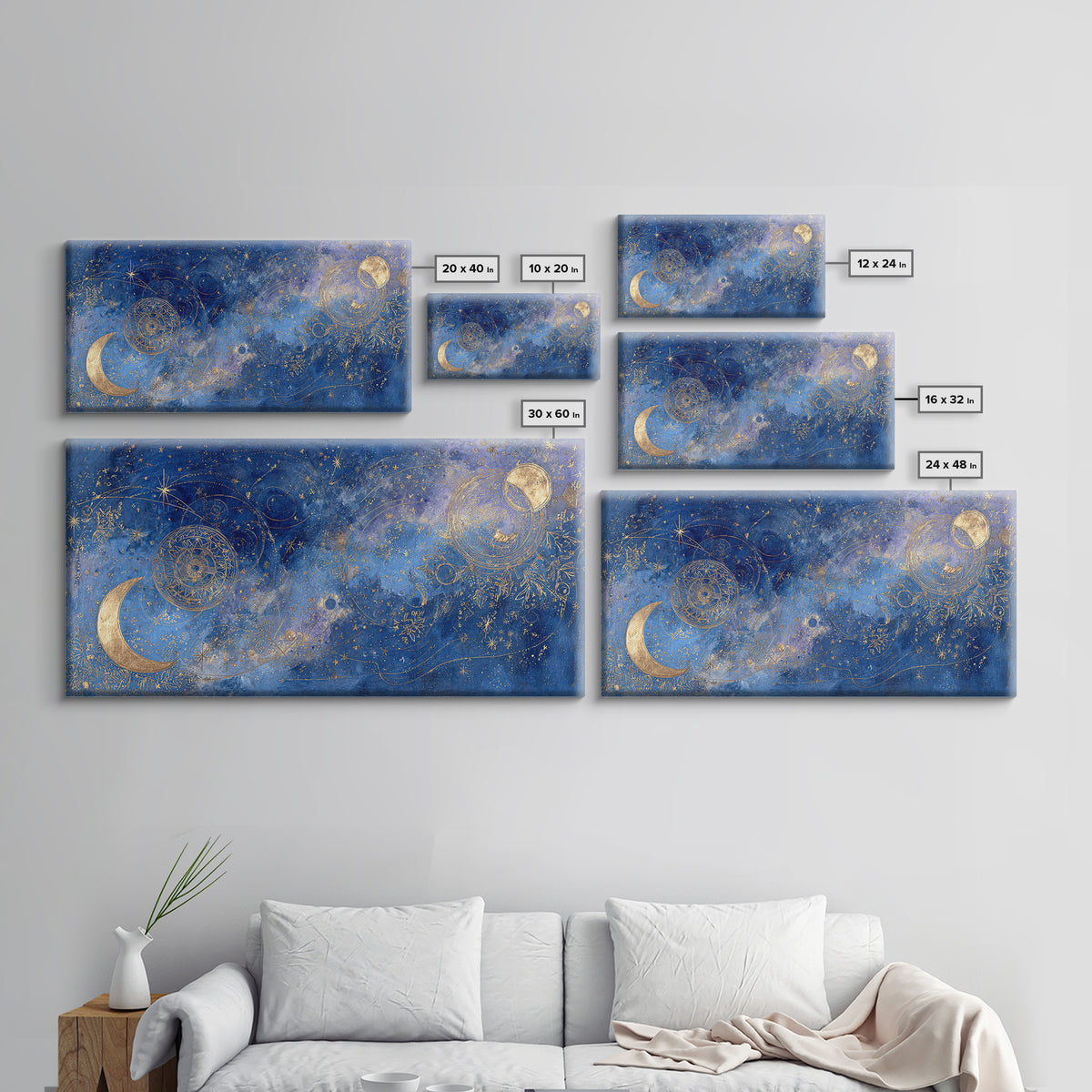 Celestial Moon and Stars Artwork Framed Canvas Print, Wall Art, Contemporary Art, Living Room Decor, Fine Art, WAL-2x1-34