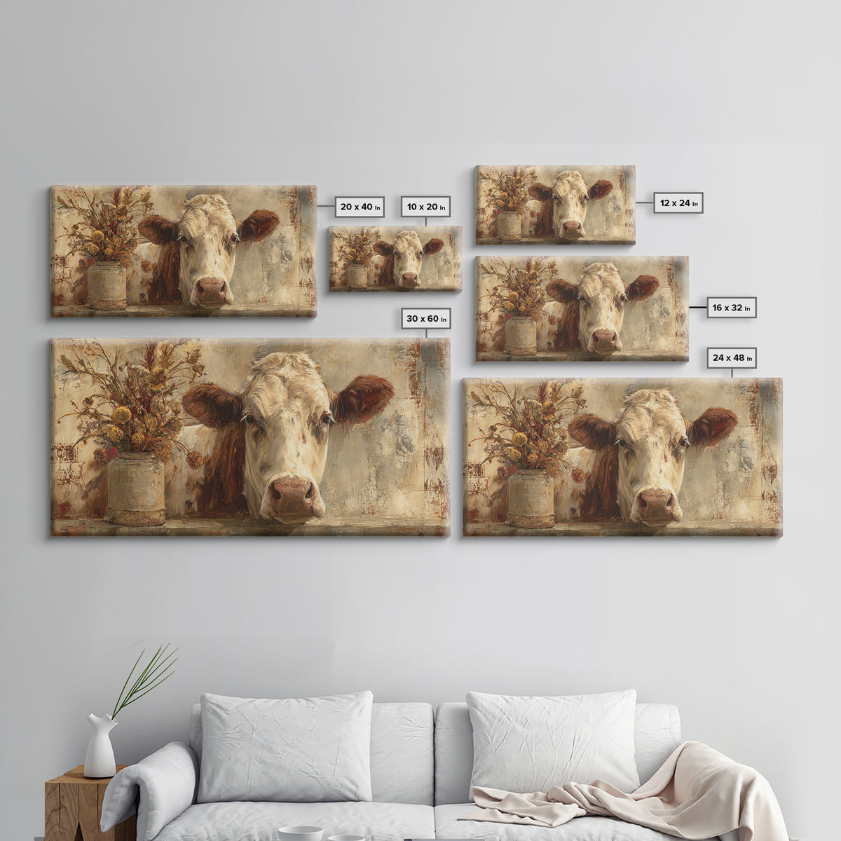 Rustic Farmhouse Cow Portrait Canvas Print, Wall Art, Heart, Living Room Decor, Fine Art, Home Decor Gift, Original Art, WAL-2x1-39