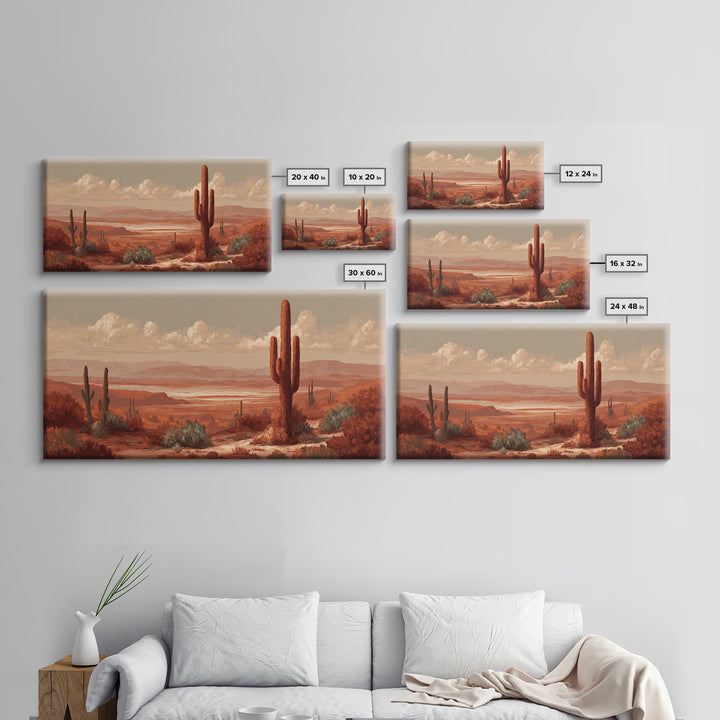 Desert Landscape in Warm Terracotta Tones Framed Canvas Print, Wall Art, Wall Clock, Living Room Decor, Watercolor Art, WAL-2x1-51
