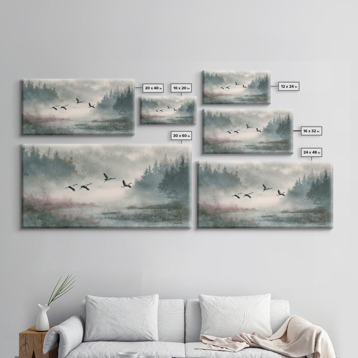 Monochrome Ink Crane Composition Canvas Print, Wall Art, Wall Hangings, Living Room Decor, Watercolor Art, Framed Wall Art, WAL-2x1-68