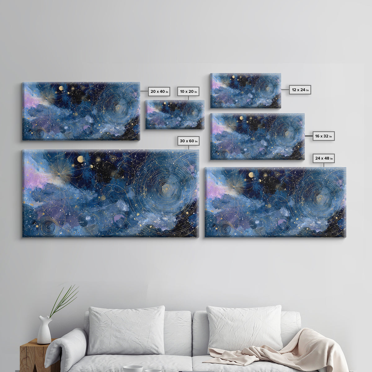 Celestial Moon and Stars Artwork Canvas Print, Wall Art, Painting, Living Room Decor, Fine Art, Art Deco, Wall Hanging, WAL-2x1-82