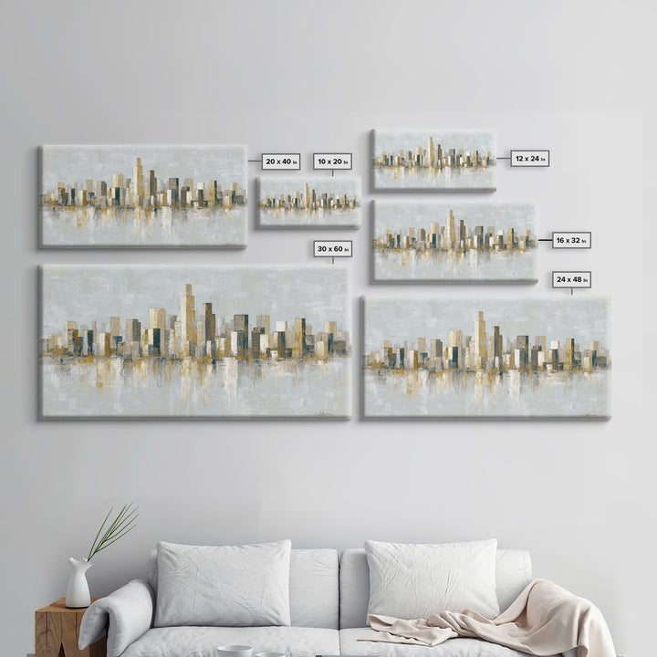 Urban Skyline in Muted Evening Color Framed Canvas Print, Wall Art, Art Print, Living Room Decor, Abstract Art, WAL-2x1-86