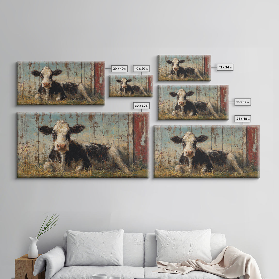 Rustic Farmhouse Cow Portrait Framed Canvas Print, Wall Art, Textured Wall Art, Living Room Decor, Oil Painting, WAL-2x1-87
