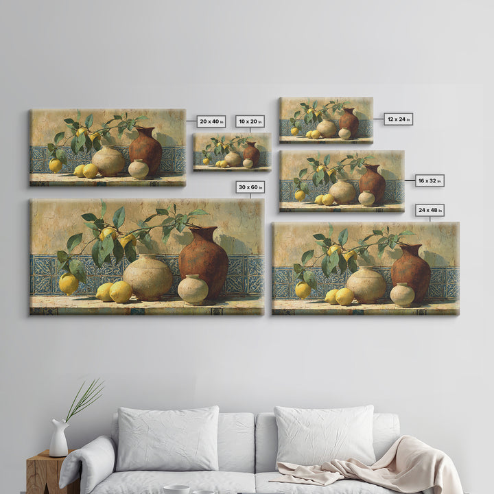 Mediterranean Lemon Branch Still Life Framed Canvas Print, Wall Art, Heart, Living Room Decor, Fine Art, Home Decor Gift, WAL-2x1-90