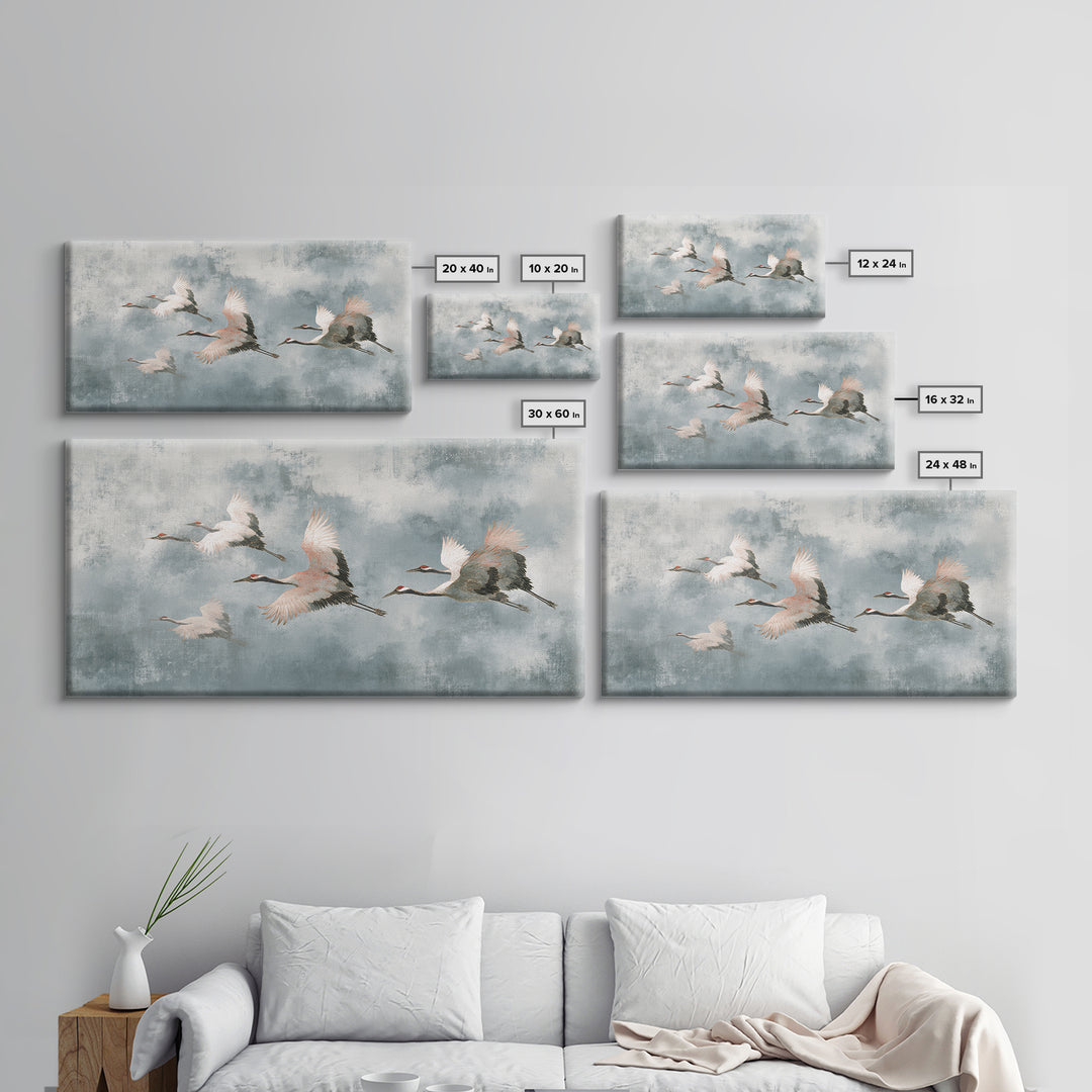 Monochrome Ink Crane Composition Framed Canvas Print, Wall Art, Wall Art for Mom, Living Room Decor, Oil Painting, WAL-2x1-92