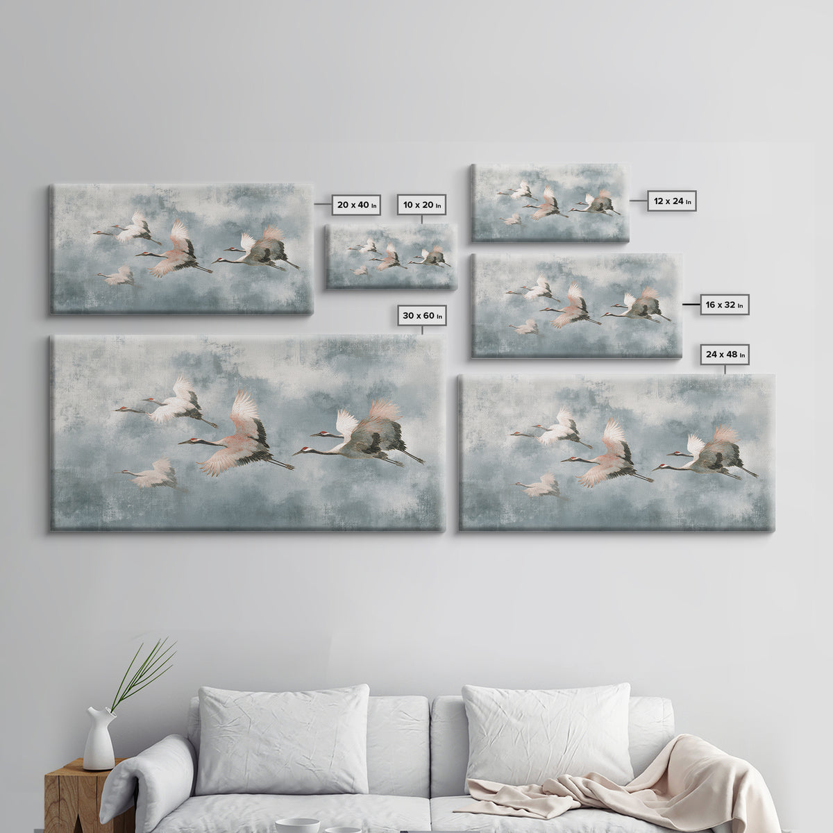 Monochrome Ink Crane Composition Framed Canvas Print, Wall Art, Wall Art for Mom, Living Room Decor, Oil Painting, WAL-2x1-92