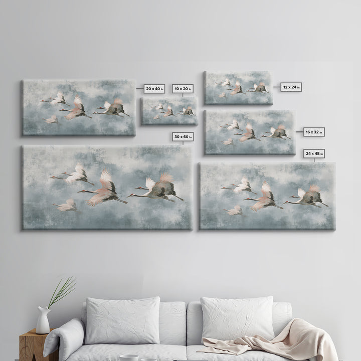 Monochrome Ink Crane Composition Framed Canvas Print, Wall Art, Wall Art for Mom, Living Room Decor, Oil Painting, WAL-2x1-92