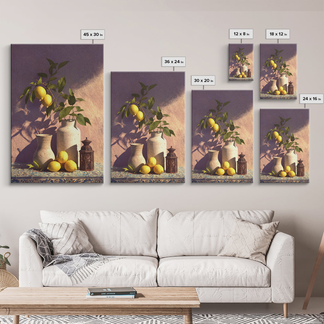 Mediterranean Lemon Branch Still Life Framed Canvas Print, Wall Art, Minimalist Decor, Living Room Decor, Oil Painting, WAL-2x3-30