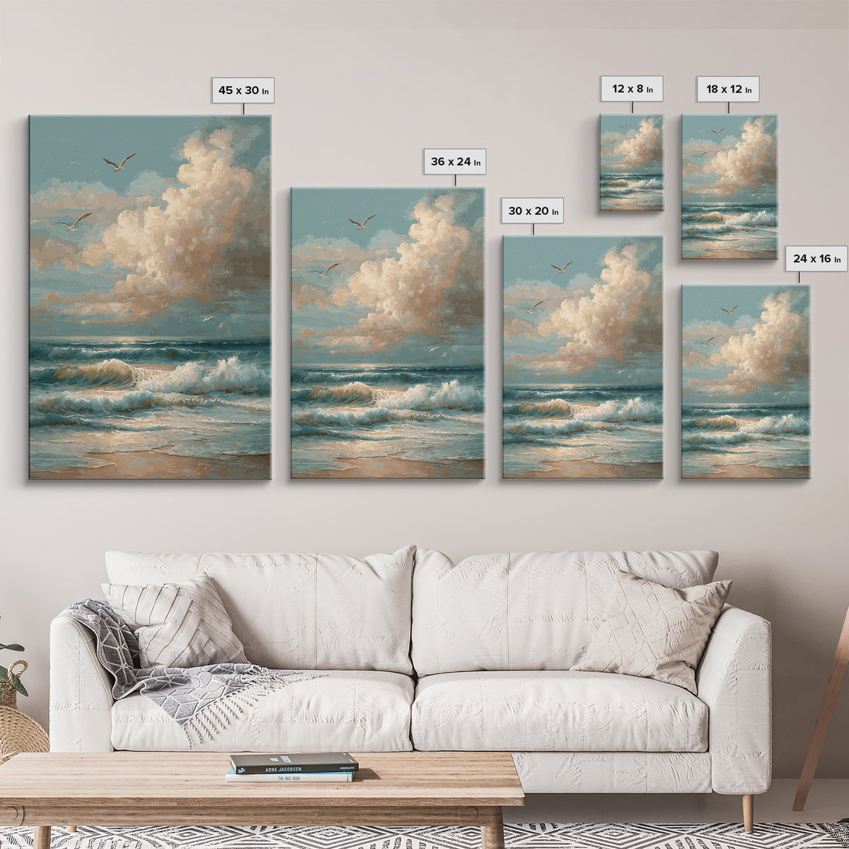 Classic Seascape with Dramatic Clouds Framed Canvas Print, Wall Art, Wall Art for Mom, Living Room Decor, Oil Painting, WAL-2x3-59